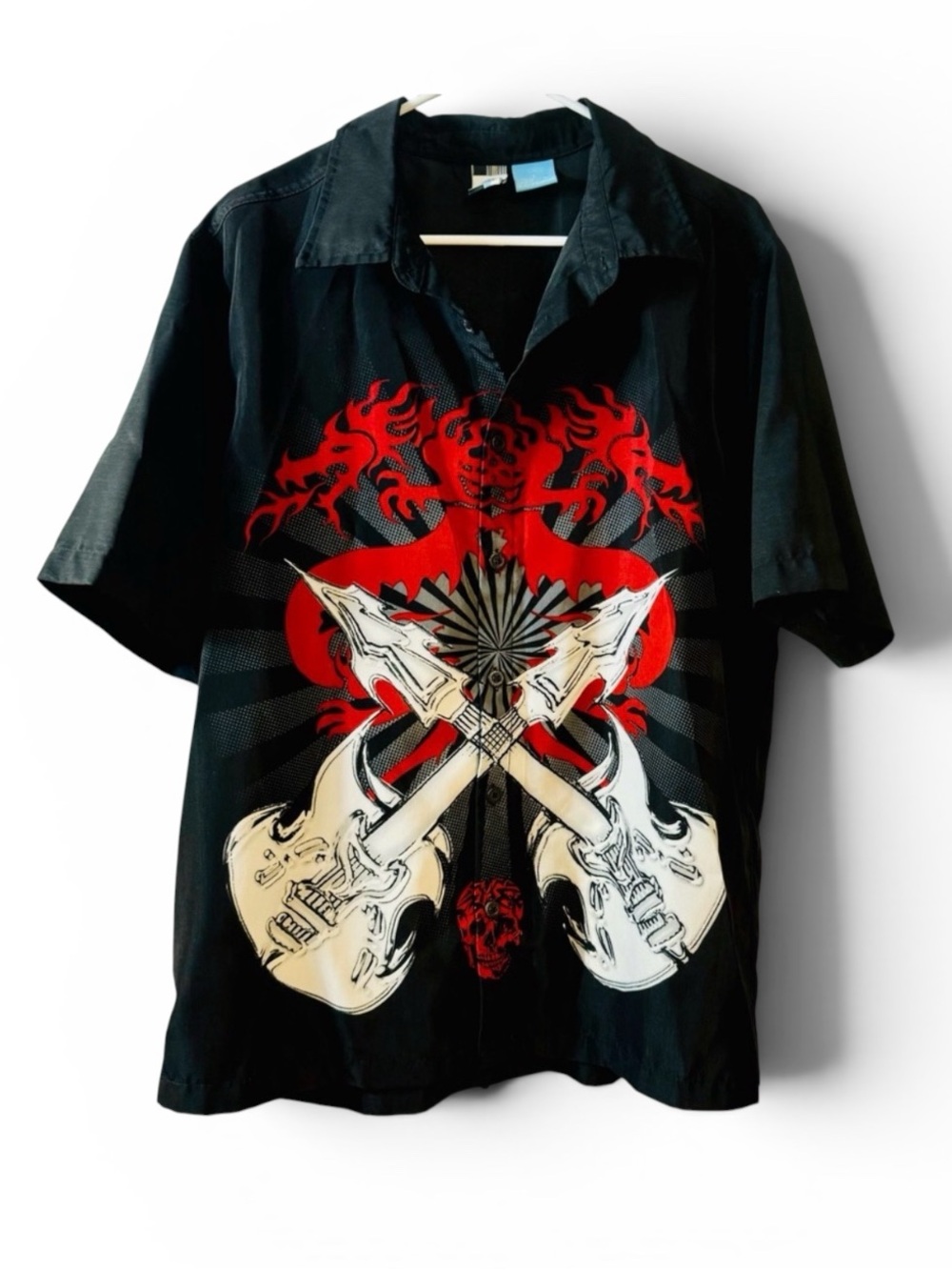 Phy. Sci. Short Sleeve Y2K Rock & Roll Button up Shirt Dragon Guitar Skull Sz L